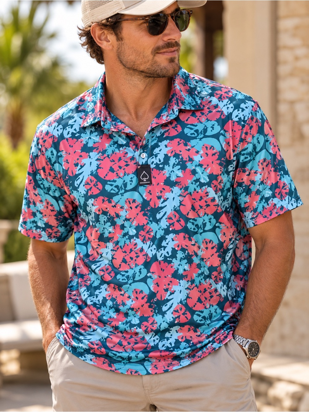 Pins & Aces Painted Monstera Performance Golf Polo Large Tropical #641